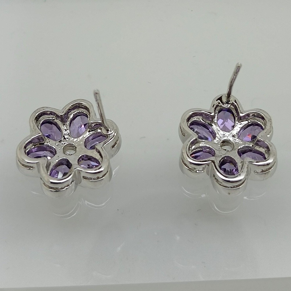 Vintage 1990s Purple Flower Stud Earrings Cubic Zirconia Silver Tone Sim Diamond - Picture 6 of 17